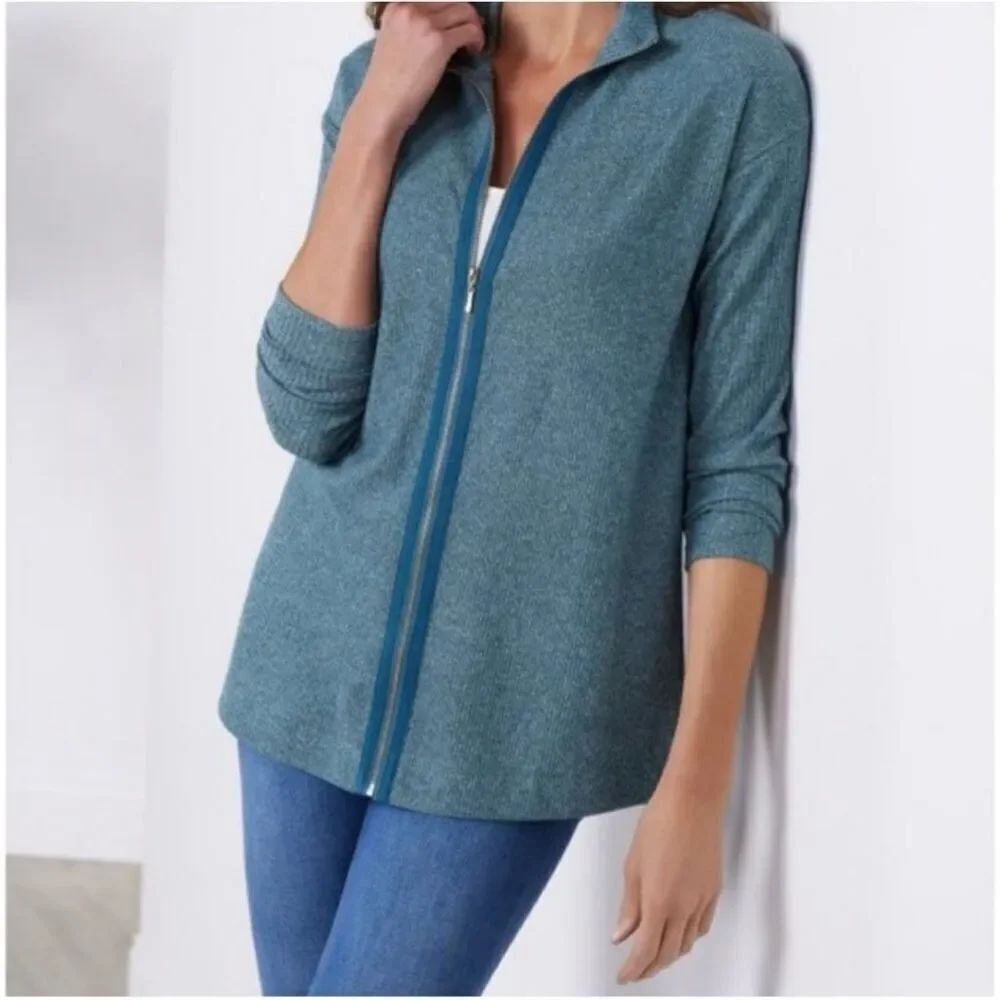 Soft Surroundings cotton blend Lhami Ribbed Knit Mockneck Full Zip Cardigan Sz L
